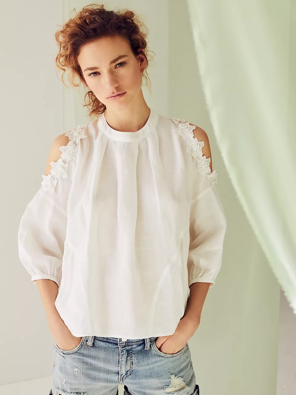 Anthropologie Eri + Ali Floral Texture Open-Shoulder White Linen Blouse Top S